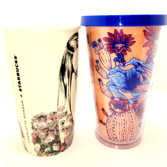 Starbucks florals medium set (one hot-no lid) (one cold w/straw) EUC - Picture 2 of 4